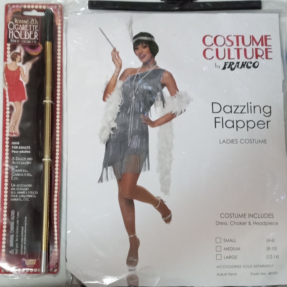 New Dazzling Flapper Costume w/Choker, Dress, Headpiece & Cigarette Holder. M